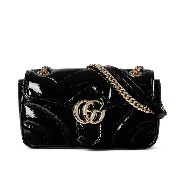 全新真品代購GUCCI 24新品 黑色漆皮 GG Marmont系列 小號 單背包 斜挎包 相機包 443497