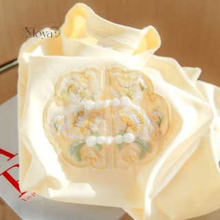 刺繡盤扣重工中國風國潮2024夏季新款短袖t恤女繡花白色高檔半袖 新中式上衣 中國風 國潮 短袖上衣 寬鬆上衣 大碼女裝