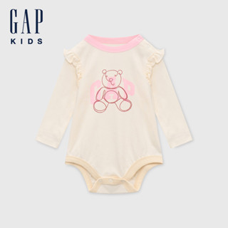 Gap 嬰兒裝 Logo純棉小熊印花圓領長袖包屁衣-米黃色(643216)