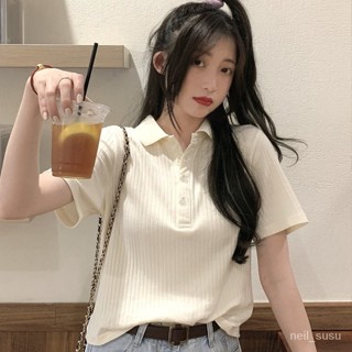 【限時特賣】短袖上衣 polo上衣 翻折領上衣 短袖T恤 純棉針織polo衫潮夏2021新款短袖T恤女顯瘦港風ins超火