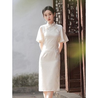 新中式穿搭 古風衣服 國風主題搭配洋裝 2024小清新米白色新中式旗袍年輕款優雅氣質高階感改良連衣裙新款