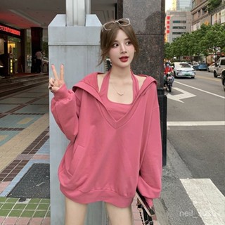 【限時特賣】連帽外套 帽T 女生外套 顯瘦外套 外套女 大碼胖MM慵懶風V領連帽衛衣套裝女春秋設計感掛脖背心上衣兩件套