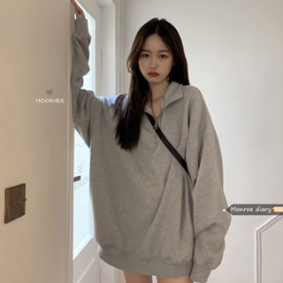 🌸寬鬆版大學T韓係灰色POLO領長版上衣衛衣寬鬆顯瘦上衣POLO上衣/拉鍊秋季韓妞必備長袖上衣女【N】