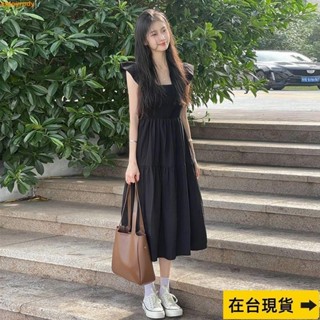 Miss推薦✈大尺碼洋裝連身裙連身洋裝短袖洋裝法式小飛袖黑色方領吊帶連衣裙子女夏季小個子赫本風收腰顯瘦長