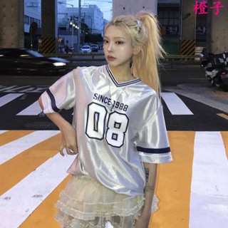 辣妹運動球衣✨美式大版數字印花撞色v領寬松學院風運動球衣女短袖t恤夏