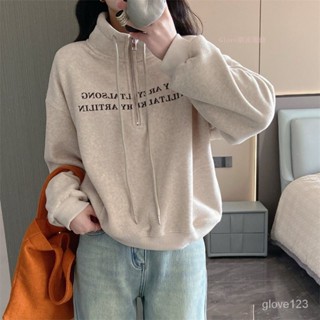 🌷臺灣出貨🌷Glove 實拍 加絨仿羊絨 寬鬆顯瘦 冬季衛衣絨衫 半拉鏈 字母慵懶風 立領上衣 衛衣女 休閒上衣女
