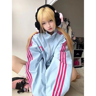 【CrystaL】美式運動外套春秋學生設計時尚多巴胺女孩撞色拚接立領寬鬆上衣 開衫外穿 涼感防風外套 運動風衣夏天薄外套