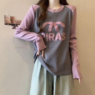 秋季新品🍂長袖上衣 長袖 T恤 大碼加厚坑條撞色打底衫女 秋冬季新款寬鬆顯瘦 保暖刺繡長袖上衣女 百搭長袖 長袖T恤