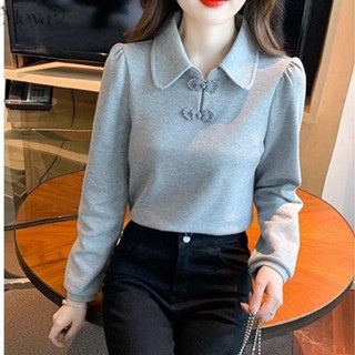 2024秋季新款POLO翻領泡泡袖盤扣衛衣女設計感小眾內搭打底上衣 中國風上衣 旗袍上衣 盤扣上衣 長袖t恤女 內搭衫