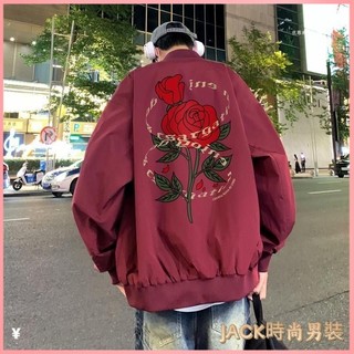 JACK-外套 男裝夾剋 大尺碼男裝 韓版外套 休閒外套 外套男 酒紅色飛行員夾剋外套男春秋季潮牌玫瑰棒球服vintag