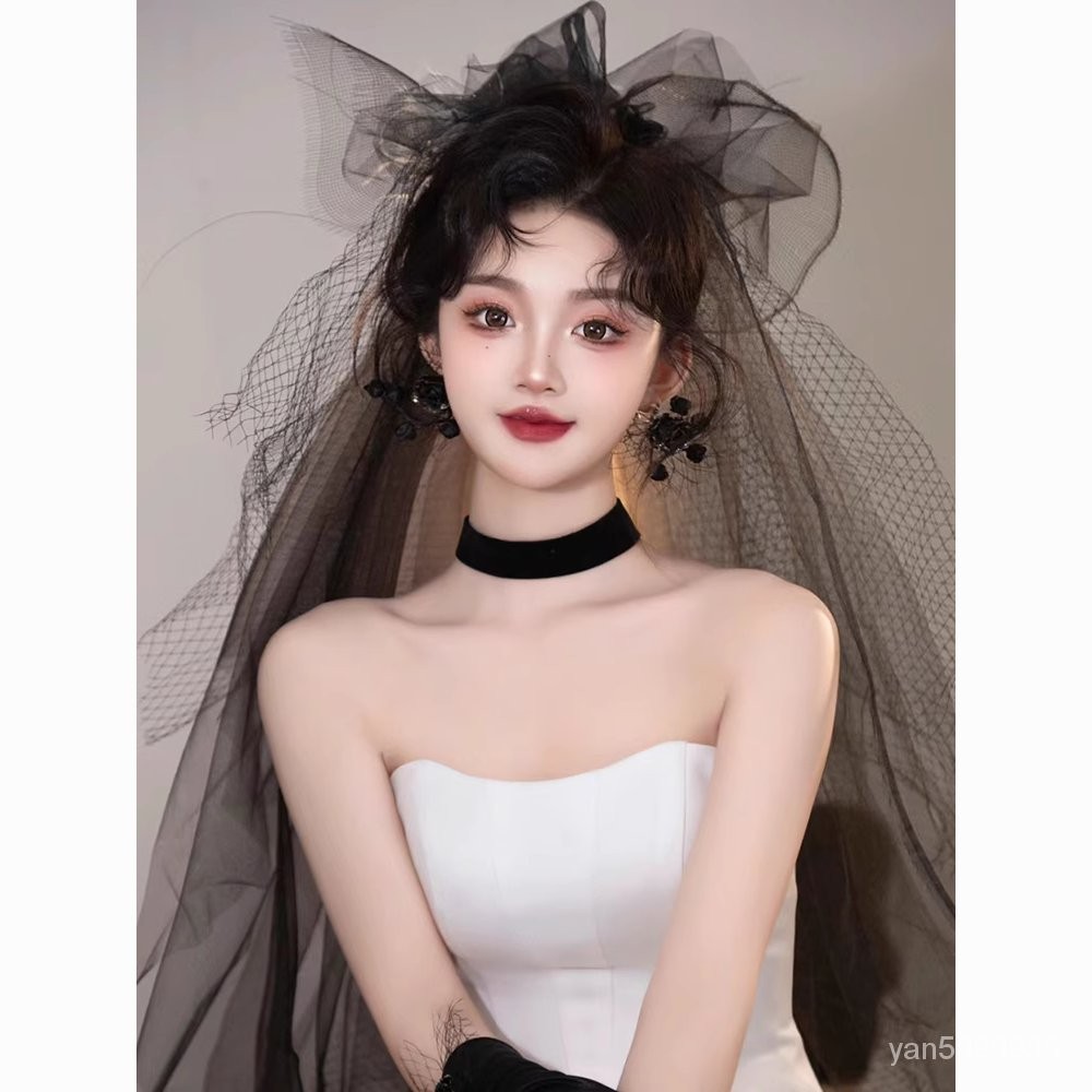 【嘟嘟厚】高級複古黑色蝴蝶結蓬蓬紗僊氣新娘森係甜美頭紗結婚影樓寫真髮飾