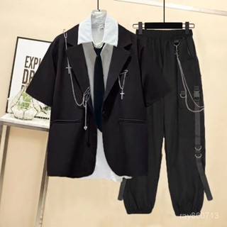 秋上新🌸夏季中性風套裝韓版寬鬆學院風短袖襯衫+西裝外套工裝褲三件套潮 R1HO