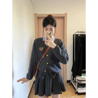 【🎀可可家】2025英倫風羊絨開衫女圓領春季學院刺繡金屬扣寬鬆羊毛針織衫毛衣外套