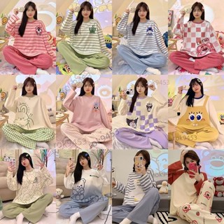 睡衣女 春秋冬季新款長袖長褲ins風套裝 大尺碼條紋卡通家居服 女版居家睡衣套裝 sleepwear
