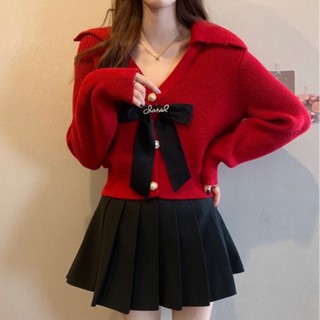 免運❤毛衣+短裙兩件套 休閒套裝女生 兩件式套女裝 蝴蝶結慵懶V領百搭短版針織毛衣小外套搭黑色裙子一整套