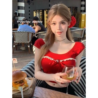annie✨法式 蕾絲蝴蝶結露背短版T恤 緊身顯瘦上衣 性感露肩T恤 辣妹上衣