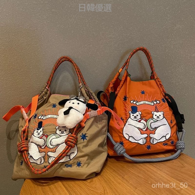 日系明星同款ball chain刺繡抱抱熊刺繡環保布袋女ball chain刺繡尼龍手提包單肩