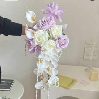 手捧花 拍照手捧花 新娘捧花 婚用花束 仿真花 花永生 婚禮捧花 攝影道具 瀑布新娘紫色手捧花手捧花訂婚結婚花束韓式婚禮