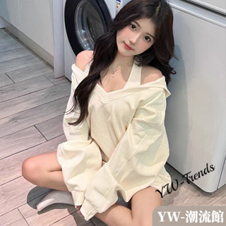 【YW】辣妹上衣套裝 寬鬆連帽長袖上衣+掛脖吊帶背心 兩件式套裝 長袖套裝 百搭顯瘦 女生套裝