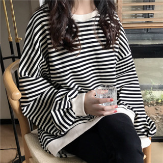 LW湯圓女裝-T恤女秋季長袖學生韓版寬鬆條紋學院風薄款甜美衛衣上衣dxt