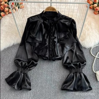 【VV】襯衫長袖上衣宮廷風複古氣質喇叭袖立領醋痠緞麵襯衫法式設計感洋氣寬鬆衣服