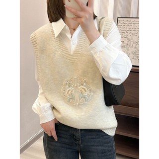 中國風馬甲女 馬甲新款針織上衣外搭背心坎肩繡花中式v領顯瘦毛衣外穿刺繡國風 無袖外套 保暖外套 新中式背心外套 休閒外搭