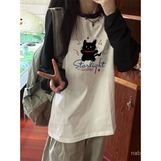 免運 甜美風 百搭上衣 秋季新款 黑白撞色插肩寬鬆慵懶風新款長袖純棉美式打底上衣拚接T恤ins潮流