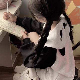 免運 甜美風 百搭上衣 秋季新款 【】熊貓耳朵日係亞文化二次元連帽長袖拉鏈外套秋冬衛衣女生