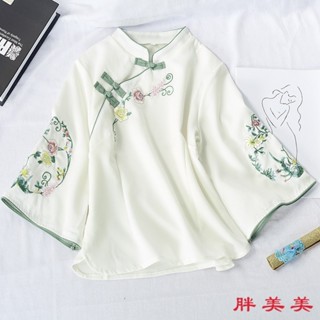 【M-5XL大尺碼】大尺碼女裝 新中式女裝 古風衣服 300斤大碼胖mm夏季新款改良短款旂袍T恤漢元素中式盤扣民族風上衣
