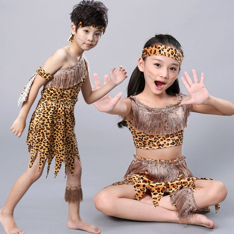 ✨免運✨萬聖節兒童服裝 兒童野人演出服裝獵人舞蹈表演服印第安人非洲原始服裝 萬聖節變裝派對角色扮演服 cos服全套