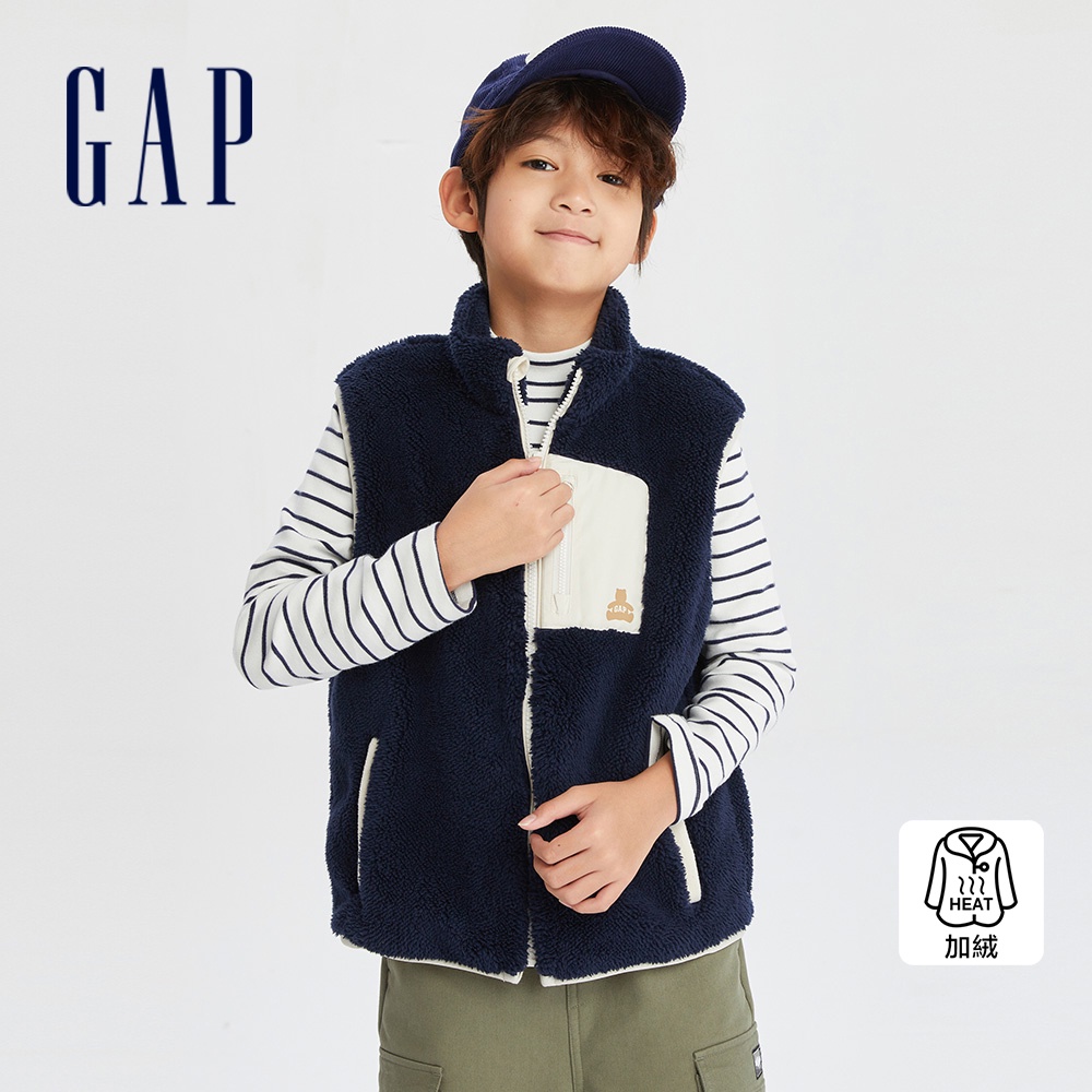 Gap 男童裝 Logo小熊印花立領背心外套 抱抱絨系列-藏藍色(786487)