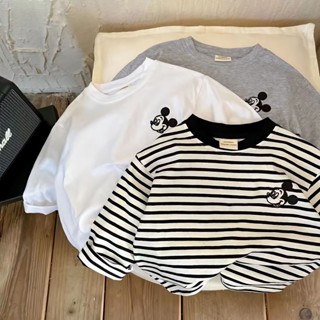 ✨HELLOBABY童裝店✨ 兒童衣服 100%純棉男女童長袖T恤條紋卡通繡花洋氣打底衫春秋款韓t童裝 兒童上衣