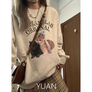 YUAN 純棉衛衣 大學t 薄衛衣 貓咪印花 韓版上衣 長袖上衣 oversize大學t 潮流衣服 秋冬上衣 ins風