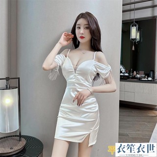韓版洋裝派對小禮服緞面不規則包臀連衣裙夏季小眾設計感高級名媛裙子洋裝 夏 禮服連身裙[衣笙衣世]