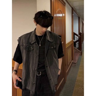 【優選好物】煙灰美式複古牛仔背心馬甲外套男士潮流韓版寬鬆工裝複古馬夾坎肩 FAC4