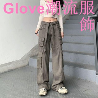 大尺碼~褲子女夏季寬松美式復古街頭工裝褲直筒長褲高腰顯瘦闊腿褲休閑褲抽繩工裝褲顯瘦 運動休閒褲 美式工裝褲女 寬鬆