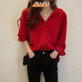 TUTU 大尺碼襯衫 長袖襯衫 2021春裝新款紅色雪紡襯衫女長袖外穿百搭襯衣設計感小眾V領上衣