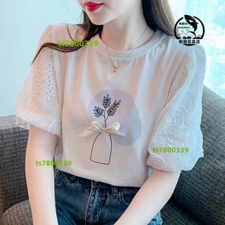 💯桃園精品⚡️時尚蕾絲短袖T恤女 蝴蝶結洋氣百搭 打底衫上衣 夏季新 韓版設計 衣服~⚡️免運