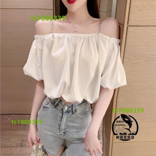 💯桃園精品⚡️吊帶襯衫女 性感露肩 一字領 泡泡袖【多色】吊帶上衣 短版上衣 夏季新 寬鬆顯瘦 氣質上衣 潮~⚡️免運