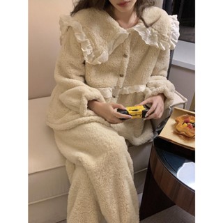 Xuan♥娃娃領甜美珊瑚絨睡衣女秋冬季長袖花邊公主風套裝加絨加厚家居服