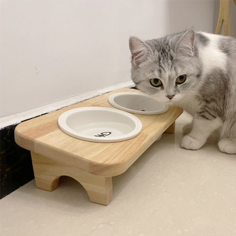 貓碗陶瓷保護頸椎防打翻貓糧碗貓盆貓咪食盆水碗雙碗貓飯碗架實木
