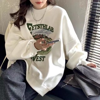 【Wik】長袖T恤 美式複古圓領衛衣女 薄款T恤 寬鬆慵懶風秋冬加絨加厚上衣 長袖衛衣 大學T恤長袖 長版上衣