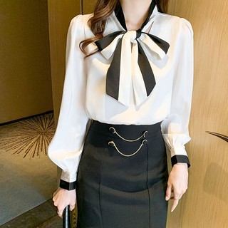 SY長袖襯衫雪紡上衣蝴蝶結襯衫職業OL襯衫女長袖秋新款上衣設計感小眾春秋雪紡襯衣