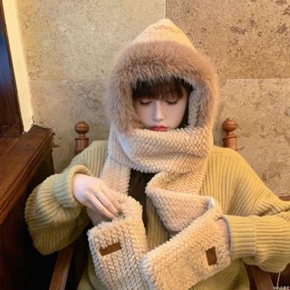 🧢限時免運 2023毛絨帽子圍巾一體女冬季韓版可愛編織圍脖手套三件套加厚保暖保暖帽 毛帽 雪帽 針織帽 大頭圍帽子