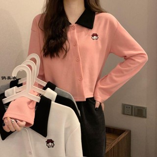 女裝 polo衫上衣 長袖上衣 春秋年新款韓版百搭撞色Polo領 刺繡斜紐扣高腰長袖T恤上衣女