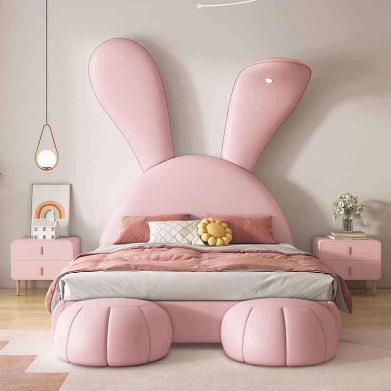 【特價優惠】粉色兔子床兒童公主床布藝軟包實木床卡通青少年女孩兒童床少女
