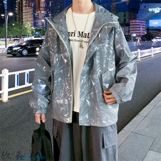 男士潮流外套 男士潮流外套TF1 外套 防風外套 夾克 超火網紅連帽反光夾克男韓版秋季寬松嘻哈青少年潮牌休閑外套