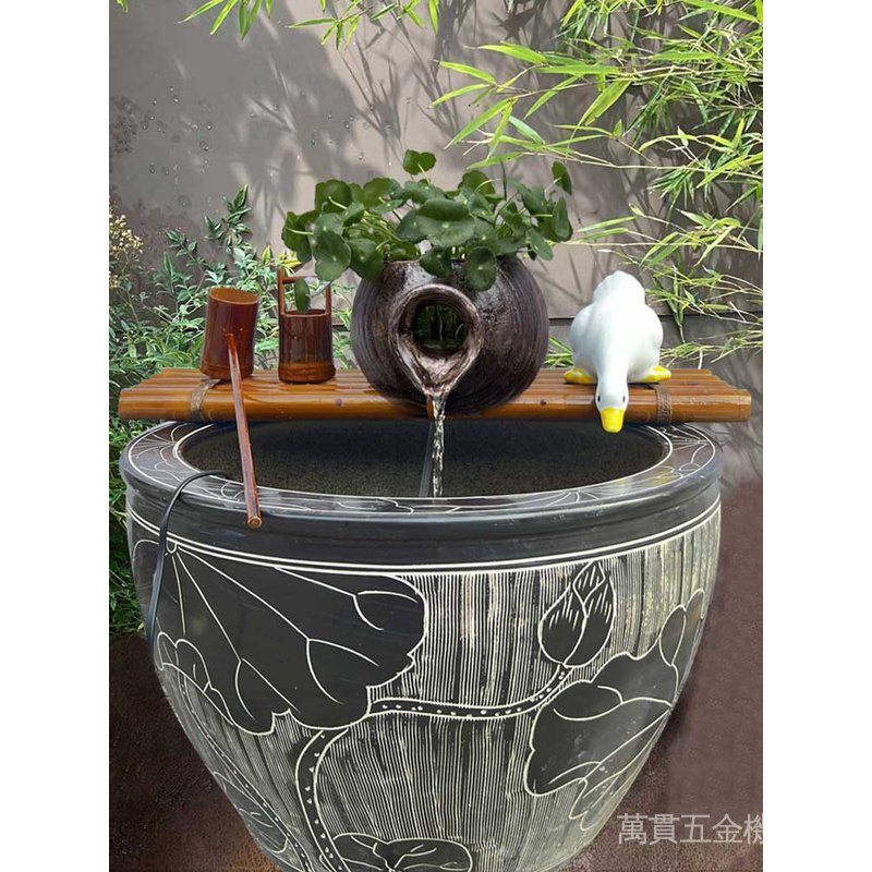 庭院陶罐流水器陶瓷魚缸循環過濾增氧竹子搭配水池石槽造景擺件配