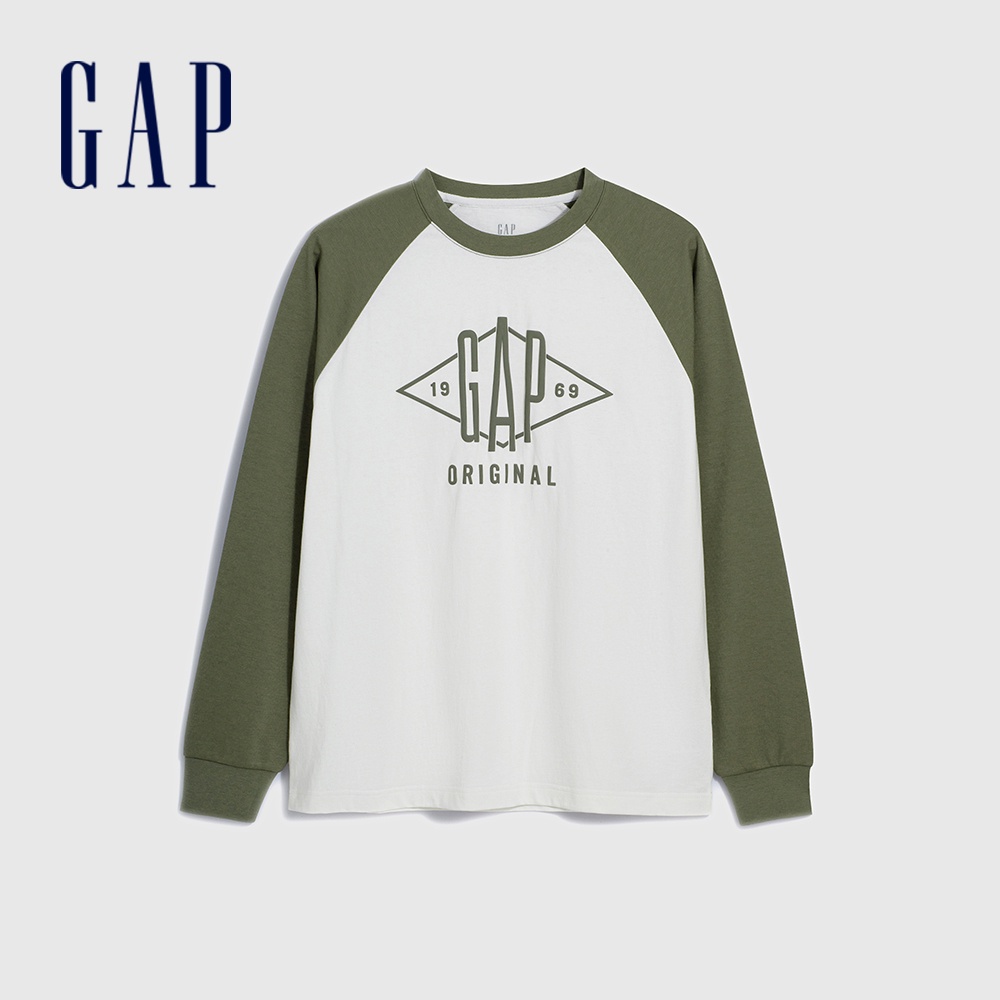 Gap 男女同款 Logo印花圓領長袖上衣-白綠拼接(841247)