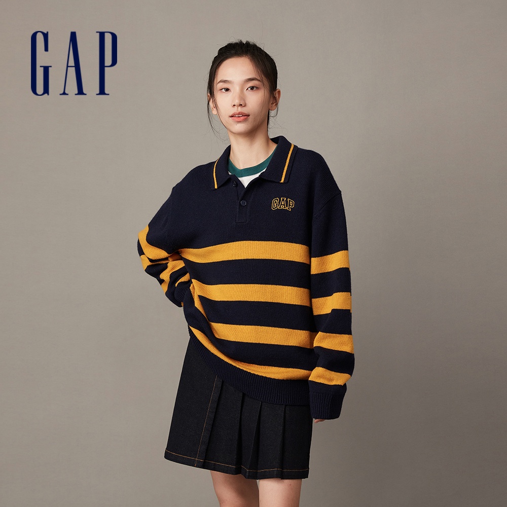 Gap 男女同款 Logo翻領針織毛衣-海軍藍(842138)